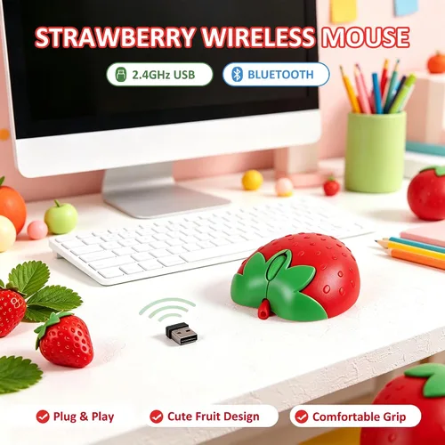 Vista 11 de Ratón inalámbrico Bluetooth con forma de fresa de fruta linda 2.4 GHz y Bluetooth 1000 DPI Ratones ópticos para computadora con receptor USB, mouse
