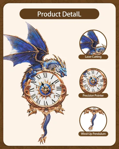 Vista 5 de Rompecabezas de madera 3D para adultos, kit de modelo de reloj de dragón azul con péndulo, rompecabezas 3D para adultos, kit de reloj de pared DIY