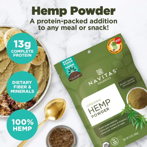 Vista 2 de Navitas Organics Polvo de cáñamo – Proteína vegana, fibra y minerales – para batidos, avena, hornear, barras y más – prensado en frío – USDA