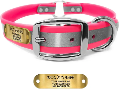 Vista 18 de Regal Dog Products Collar de perro reflectante negro pequeño con placa de nombre grabada personalizada y anillo central resistente Collares