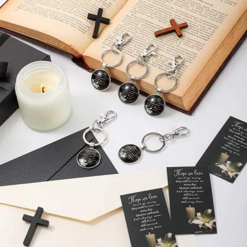 Vista 4 de Junkin - Recuerdos de funeral para invitados, incluyendo llavero, tarjetas de oración y bolsas de organza para la celebración conmemorativa