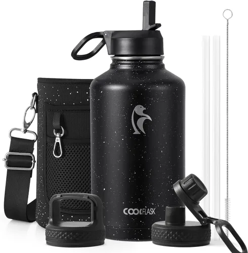 Vista 123 de Coolflask Botella de agua de 24 onzas aislada con pajilla, 3 tapas de metal de acero inoxidable, botella de agua de boca ancha para deportes u