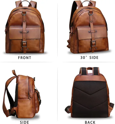 Vista 5 de LRTO Mochila de cuero genuino para mujer, mochila de viaje vintage, casual, mochila universitaria, mochila hecha a mano de piel de vaca (marrón) M
