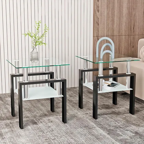 Vista 12 de Mesa auxiliar moderna de vidrio templado, mesa de centro cuadrada para sala de estar, mesa de té de cristal, mesa auxiliar de sofá (negro, 1 unidad)