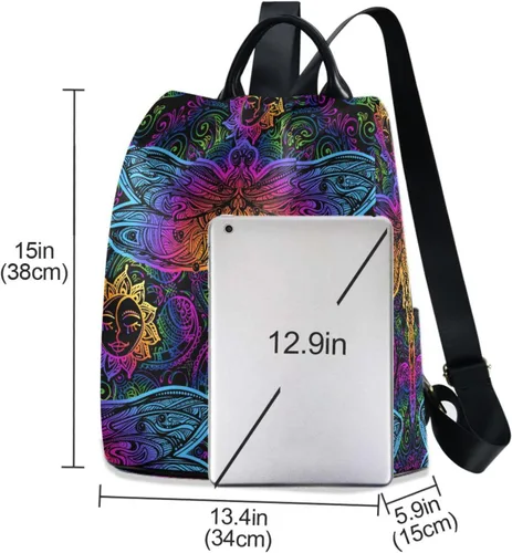 Vista 3 de senya Mochila de moda para mujer, mochila étnica de libélula colorida arcoíris para mujeres y niñas, Libélula étnica, Mochilas Daypack