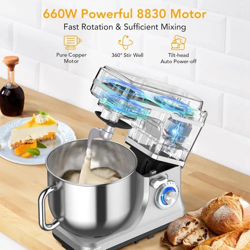 Vista 4 de Batidora de pie de 7.5QT, mezclador eléctrico de cocina de cabeza Plateado