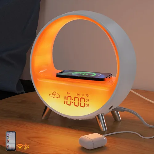 Vista 8 de MOMILLA Reloj despertador Sunrise con estación de carga inalámbrica de 15 W, altavoz Bluetooth y máquina de ruido blanco, luz de despertador