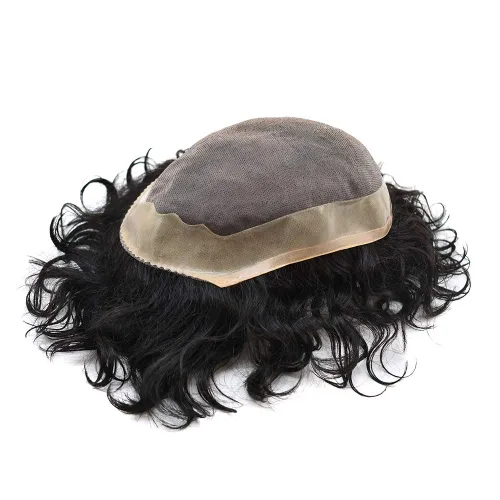 Vista 2 de SINGAHAIR - Sistema de cabello rizado ondulado con revestimiento de poliéster para hombre (6 x 8 pulgadas, densidad media ligera, 1# negro azabache)