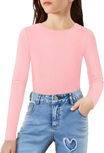 Vista 12 de Arshiner Camisas de punto acanalado de manga larga para niñas, suaves, ajustadas, cuello redondo, casual, capa base Blanco