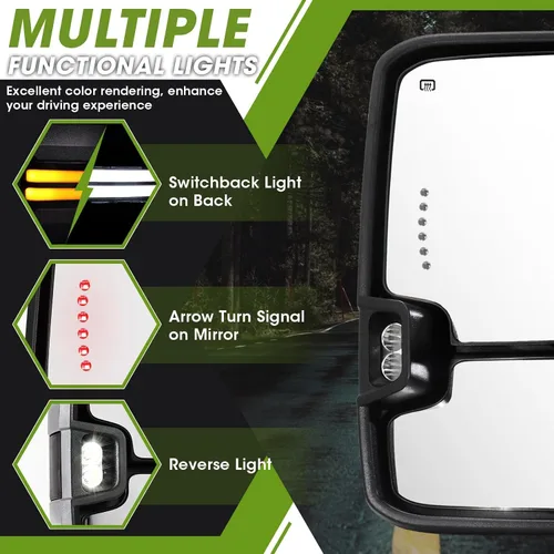 Vista 3 de Espejos de remolque para Chevy Silverado/GMC Sierra 1500 (2014-2018), 2500HD/3500HD (2015-2019) Switchback - Señal de giro dinámico/luces de marcha