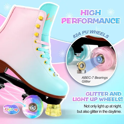 Vista 4 de LIKU Patines de cuatro ruedas para niñas y mujeres con todas las ruedas iluminadas, patines de cordones iluminados para interiores y exteriores