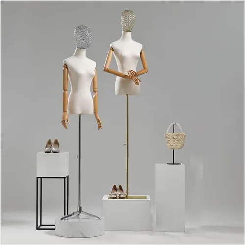 Vista 2 de Maniquí de forma de vestido femenino ajustable con soporte de trípode, brazos y cabeza desmontables para costura, ropa y exhibición de joyas, dorado