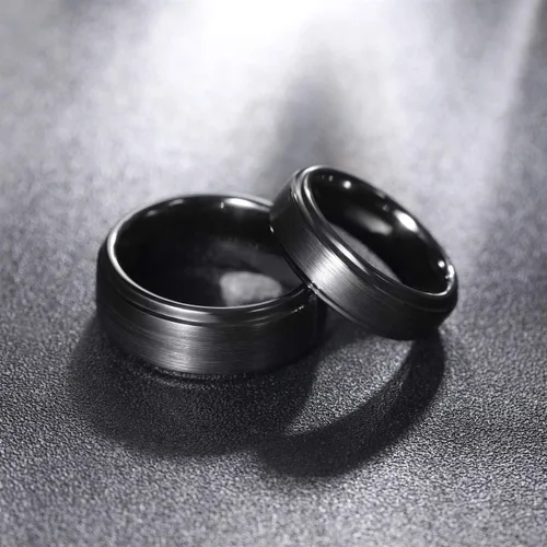 Vista 4 de Anillo de cerámica negro de 0.236in, 0.315in, con incrustaciones de fibra de carbono negra, para hombres y mujeres, talla 5-14