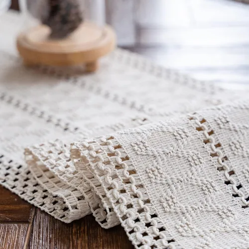 Vista 5 de Camino de mesa de macramé, color beige crema, bohemio, con borlas, camino de mesa de algodón tejido a mano, camino de mesa rústico para cocina