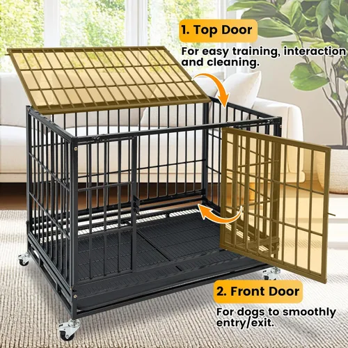 Vista 7 de Jaula apilable para perros de 36 pulgadas con ruedas con bloqueo, acceso superior, resistente e indestructible a prueba de escapes, jaula