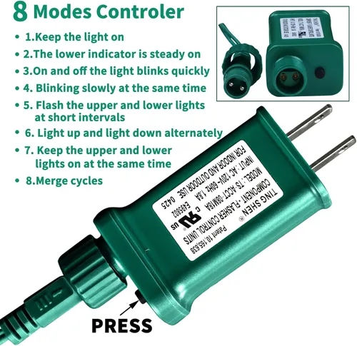 Vista 4 de Luces de cadena navideñas mini de 100 unidades en morado y verde, con certificación UL, equipadas con 8 modos de iluminación, perfectas para patios