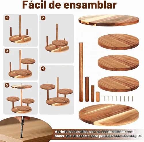 Vista 2 de Hushee Juego de 4 soportes redondos de madera para cupcakes con bandejas para servir, bandeja de madera de 4 niveles para pasteles con 1 plato