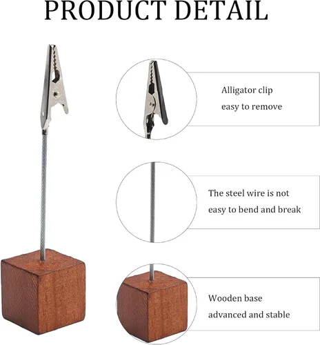 Vista 5 de 10 soportes de clip de notas con base de cubo de madera marrón, soportes de clip de cocodrilo para números de mesa, tarjetas de lugar, fotos