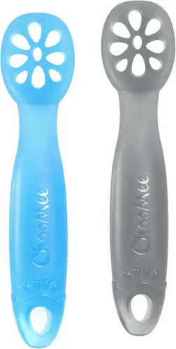Vista 6 de ChooMee FlexiDip - Utensilios de aprendizaje de silicona para bebés 4 meses + destete para bebés Cuchara de cabeza plana con mango firme Verde