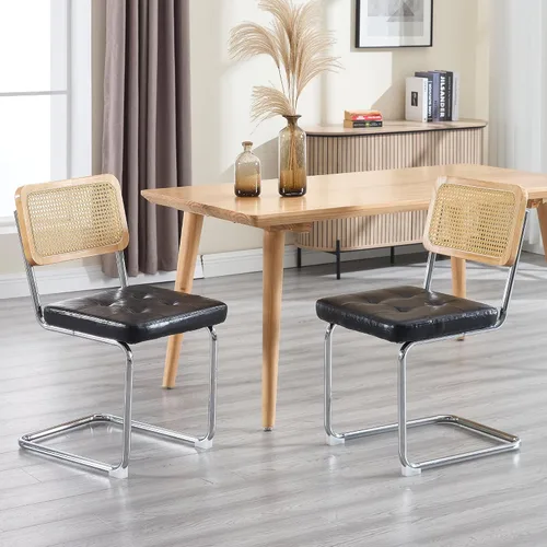 Vista 16 de KCC Juego de 2 sillas de comedor modernas de mediados de siglo, ratán de piel sintética, sillas auxiliares de comedor de cocina con patas de metal