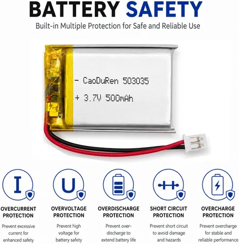 Vista 4 de Batería recargable de iones de polímero de litio Li Lipo de 3.7V con conector JST de 2 pines de 0.079 in/0.049 in (503035 500mAh 2.0Jst)