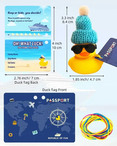 Vista 2 de El juego de etiquetas de pato de crucero incluye 12 patos de goma de crucero con sombrero de gafas de sol para cruceros, 12 tarjetas de etiqueta