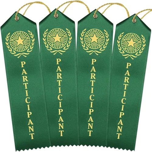 Vista 3 de RibbonsNow Cintas de premio Participant - 25 cintas verdes con tarjeta y cuerda
