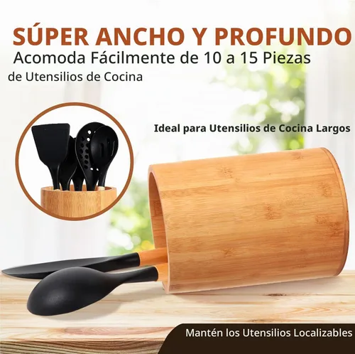 Vista 4 de Soporte de bambú para utensilios de cocina, soporte grande para encimera de cocina, cuchara de bambú y soporte para palillos para decoración