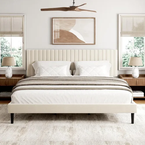Vista 8 de Sismplly Armazón de cama tamaño completo con cabecera tapizada en terciopelo, cama de plataforma con listones de madera resistentes, base para Beige