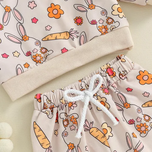 Vista 6 de Conjunto de 2 piezas de sudadera con estampado de conejito de manga larga para bebés, niños y niñas, 2 piezas, ropa de primavera para bebés
