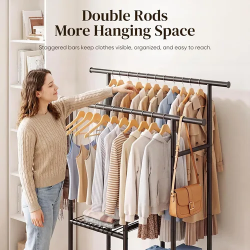 Vista 3 de HOKEEPER Clothes Rack, Double Rods Rolling Clothing Rack for Hanging Clothes, Portable Garment Rack with 3-Tier Storage Shelves, Free Standing
