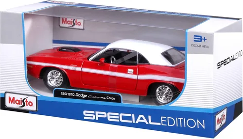 Vista 4 de 1970 Dodge Challenger R/T Coupé Rojo con parte superior blanca y rayas blancas 1/24 Modelo de automóvil fundido a troquel por Maisto