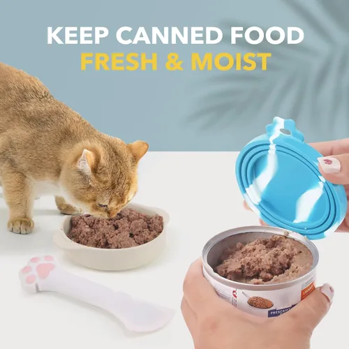 Vista 5 de Juego de 5 tapas y cucharas para latas de comida para mascotas, fundas de silicona para latas de comida para perros y gatos 2 lids fit most cans