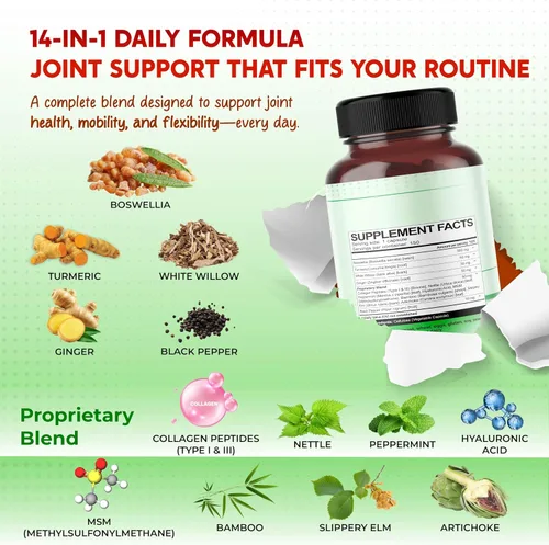 Vista 3 de Suplemento todo en 1 Boswellia, cúrcuma, sauce blanco y jengibre, apoya la comodidad de las articulaciones, la flexibilidad y el bienestar digestivo