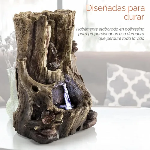 Vista 5 de Alpine Corporation WIN326 fuente de mesa iluminada de varios niveles con tronco de árbol de selva, con luces LED, 28 cm, marrón