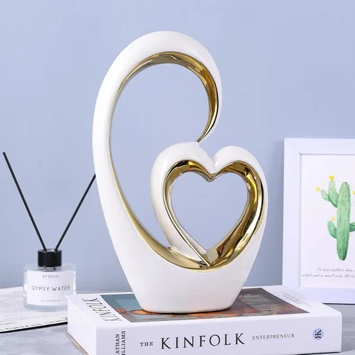 Vista 5 de Corazón de cerámica de oro blanco para decoración del hogar, estatua de amor, regalo de aniversario de San Valentín para pareja, escultura de doble