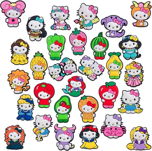Vista 2 de hitioCC 30 dijes lindos para zapatos de gatito para niñas, diseño de dibujos animados Kawaii para zapatos, accesorios para bolsas de zuecos