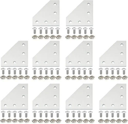 Vista 9 de 10 piezas 2020 placa de unión de soporte de esquina en forma de L, conector de extrusión de aluminio de 5 agujeros con 50 tuercas en T, 50 tornillos
