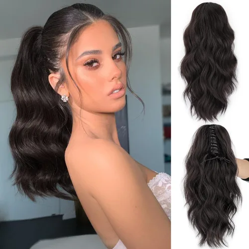 Vista 28 de FREEMEIGE Extensión de Cola de Caballo Negra con Cordón Extensión de Cola de Caballo Larga y Ondulada para Mujeres Extensión de Cabello de Cola de 1b