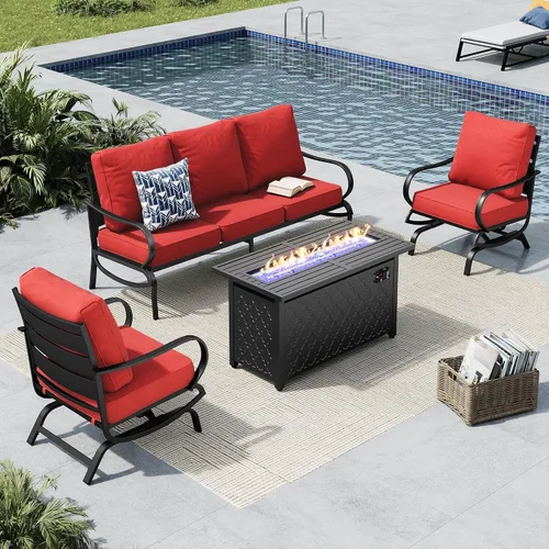 Vista 31 de MFSTUDIO Juego de 4 piezas de conversación para patio, marco de metal para todo tipo de clima, muebles de exterior con 1 mesa rectangular de propano