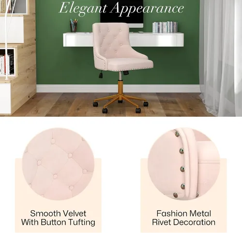 Vista 4 de Silla giratoria moderna, cómoda silla de escritorio tapizada de terciopelo con ribete de cabeza de clavo, silla de tocador ajustable sin brazos
