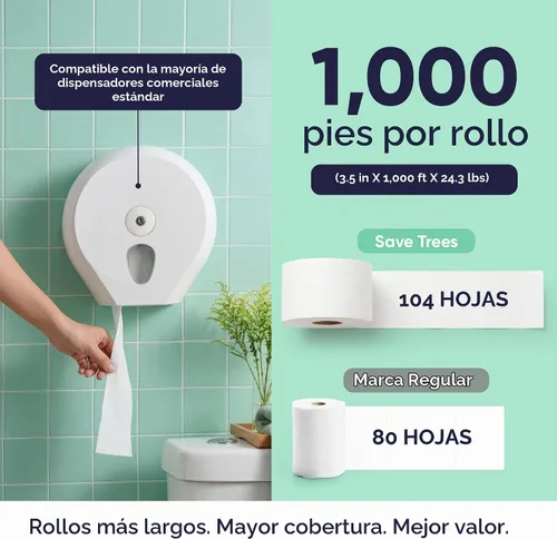 Vista 5 de Save Trees Rollos comerciales de papel higiénico jumbo – Bambú, 12 rollos por caja, 1000 pies sin perforar, 2 capas, blanco, papel higiénico a