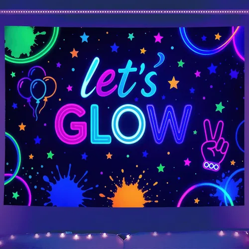 Vista 6 de Starlit Patio Let's Glow - Tapiz con luz negra, reactiva a los rayos UV, decoración de pared fluorescente con brillo de neón, 78 x 59 pulgadas