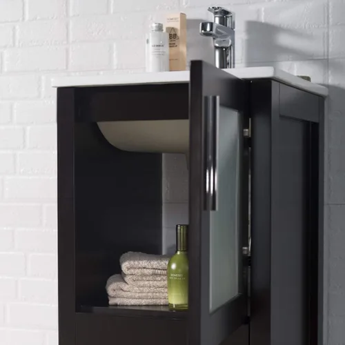 Vista 8 de Blossom Tocador de baño de madera maciza espresso de 16 pulgadas con fregadero, pequeño gabinete independiente con fregadero de cerámica y puerta