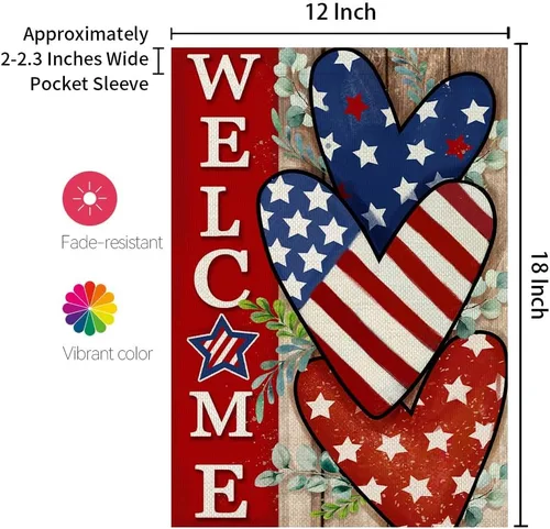 Vista 6 de CROWNED BEAUTY Bandera patriótica de bienvenida para el jardín del 4 de julio, 12 x 18 pulgadas, de doble cara, corazones, azul y rojo, Día