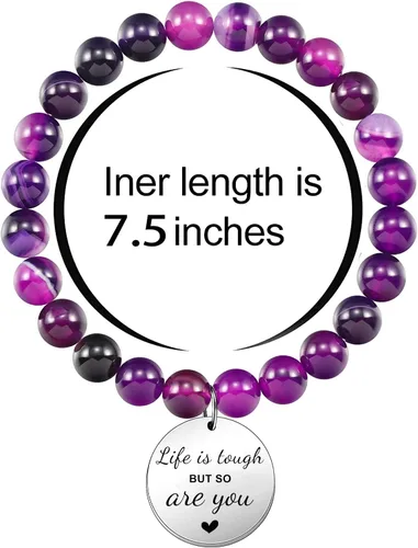 Vista 2 de Haoze Regalos para mujeres, cuentas de amatista, Life is Tough But So Are You, pulsera inspiradora Feel Better Get Well Soon, regalo para mujeres