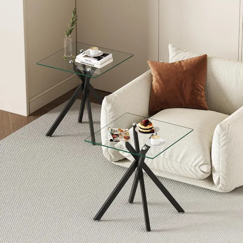 Vista 9 de Mesa auxiliar moderna de cristal, mesa auxiliar cuadrada para sofá, mesa auxiliar negra con parte superior de vidrio templado transparente y patas