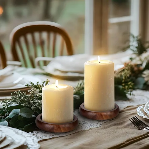 Vista 6 de Juego de 2 portavelas para velas de pilar, plato de vela de madera de granja, soporte de vela de madera rústica, bandeja de velas decorativa
