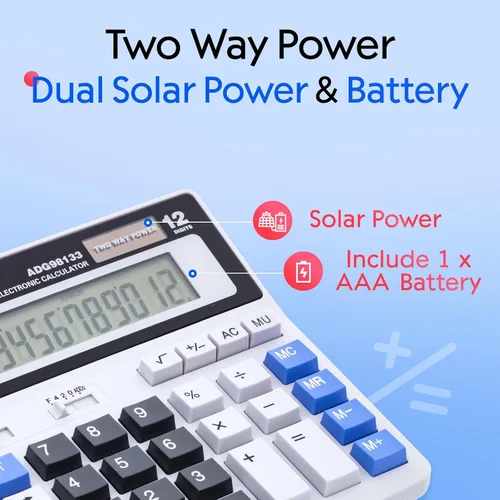 Vista 3 de M&G Calculadora de escritorio de 12 dígitos con pantalla LCD extra grande, doble alimentación solar y batería, calculadora contable con botón