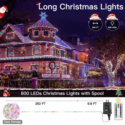 Vista 2 de Luces de Navidad para exteriores, 800 LED de 262 pies, luces de hadas multicolor IP67 impermeables, tira de luces enchufables con control remoto, 8